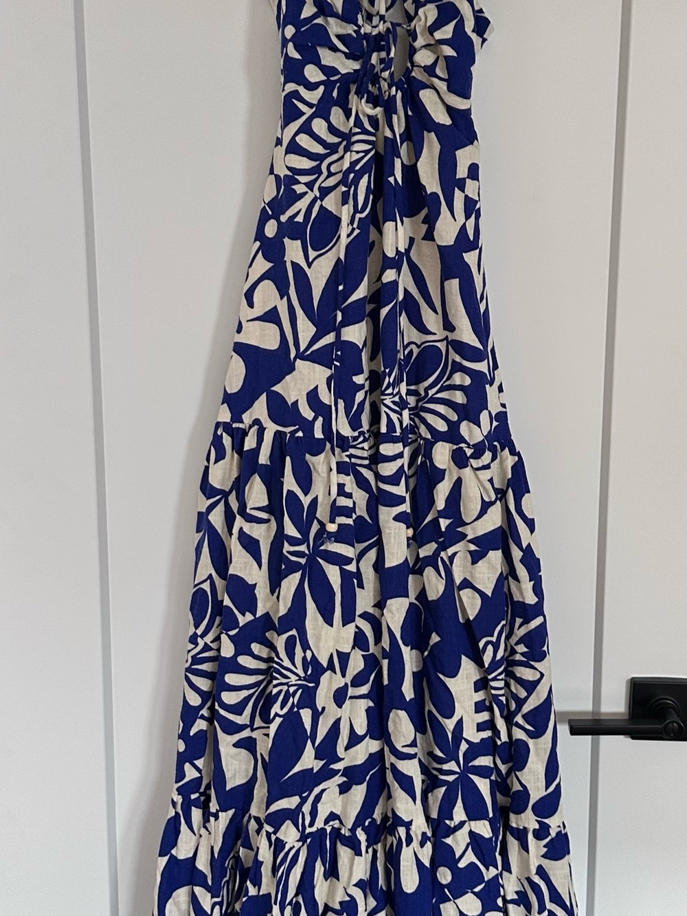 Lulu's Blue and White Backless Halter Maxi Dress